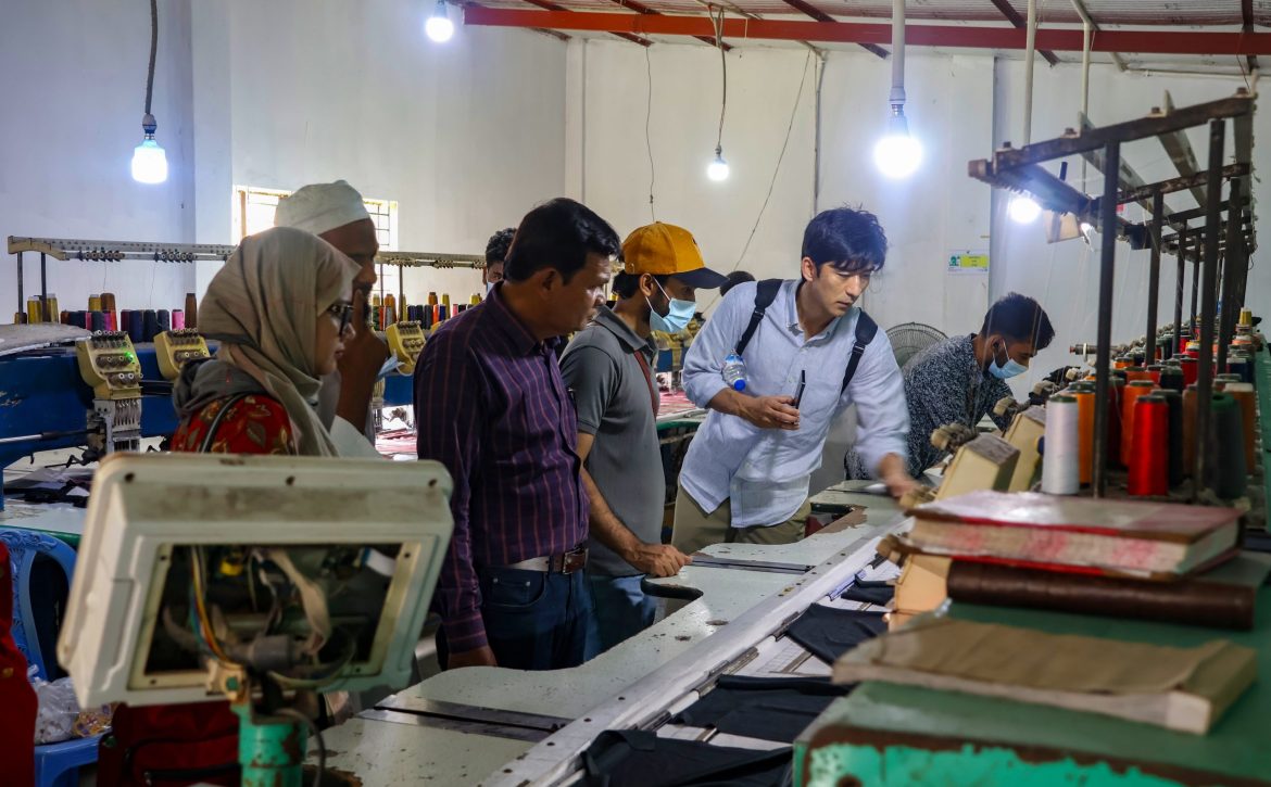 World Bank and PKSF delegation members inspect production activities at a mini-garment factory in Gogannagar, Narayanganj.