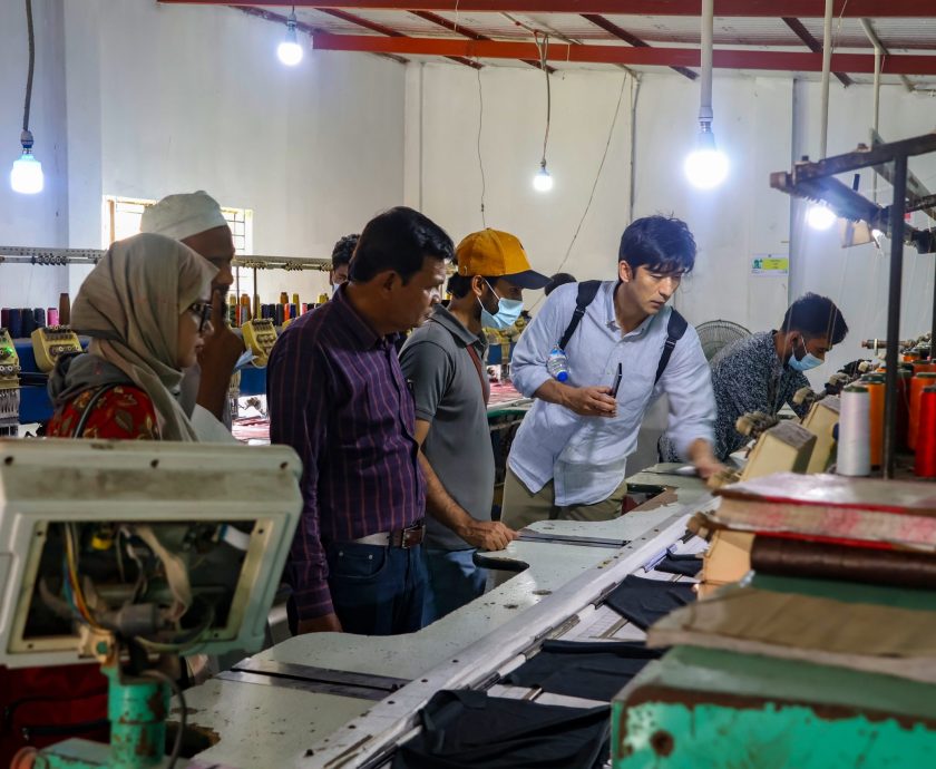 World Bank and PKSF delegation members inspect production activities at a mini-garment factory in Gogannagar, Narayanganj.